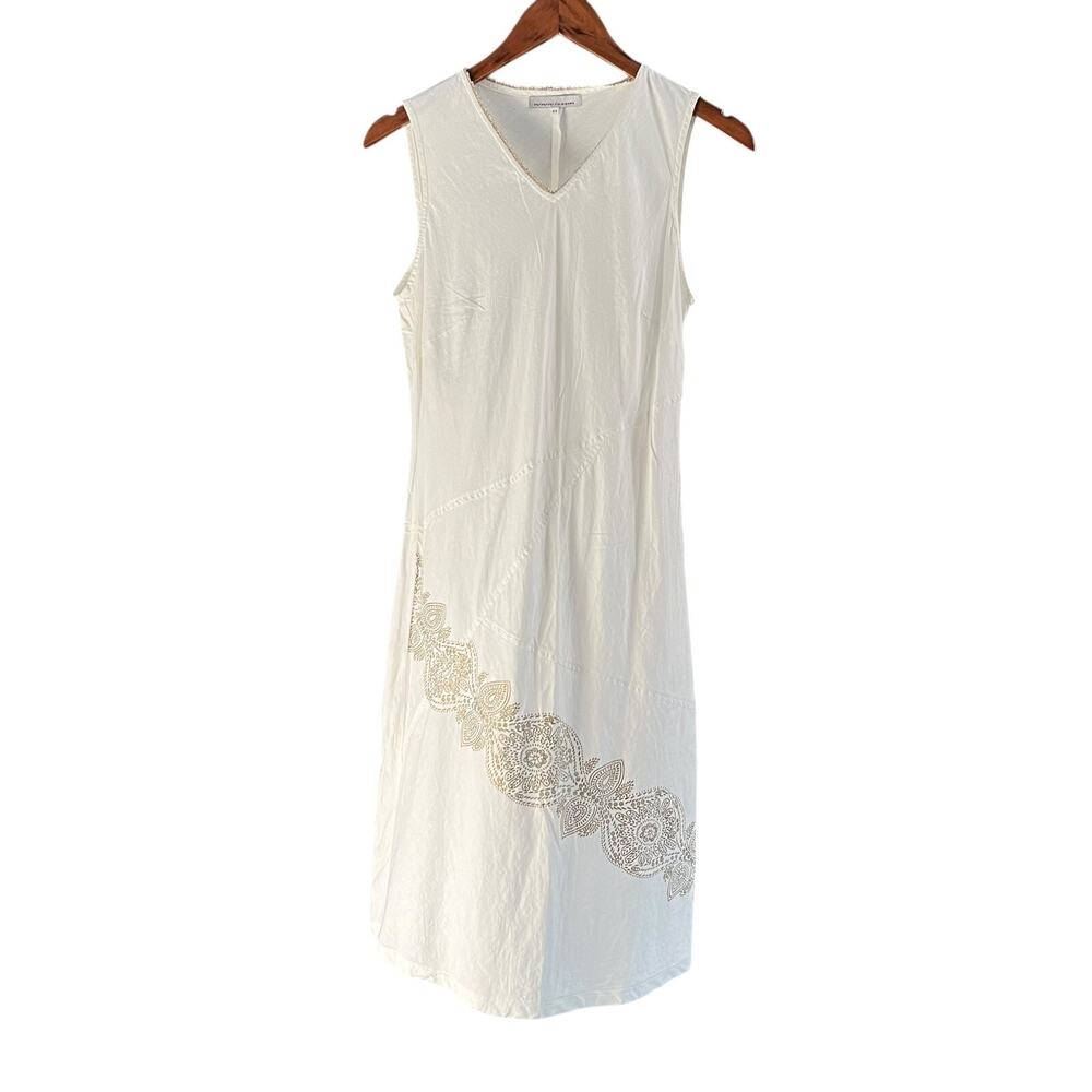 iO Womens White Linen Blend Midi Dress Size 8 Boho Resort Gold Trim Detail